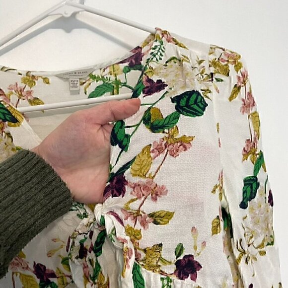 LUCKY BRAND Malia Peasant Top White Green Floral V-Neck Cutout Tie Long Sleeve - Picture 5 of 15